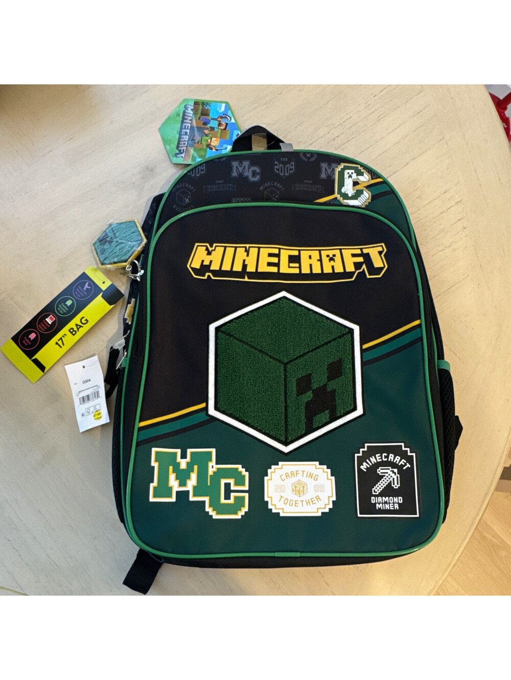 Minecraft Creeper Varsity Backpack 17 in Green/Black Zip Adjustable Straps OSFA